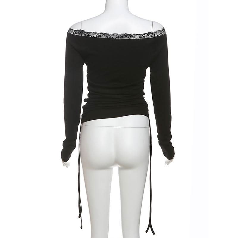 Long sleeve off shoulder lace hem print self tie top