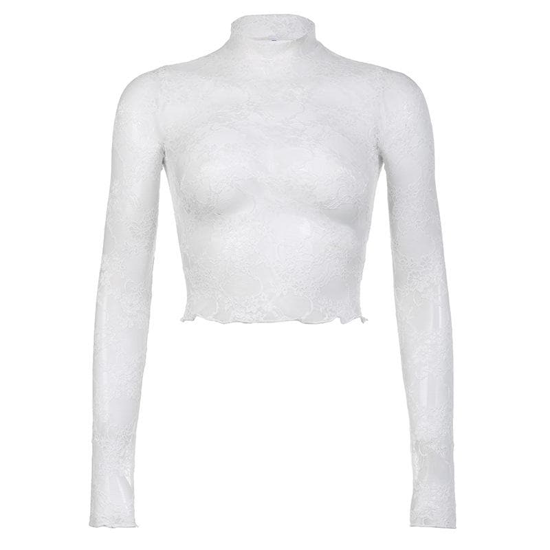 Long sleeve high neck lace see through top