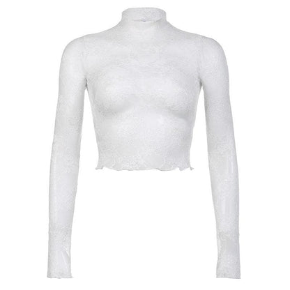 Long sleeve high neck lace see through top