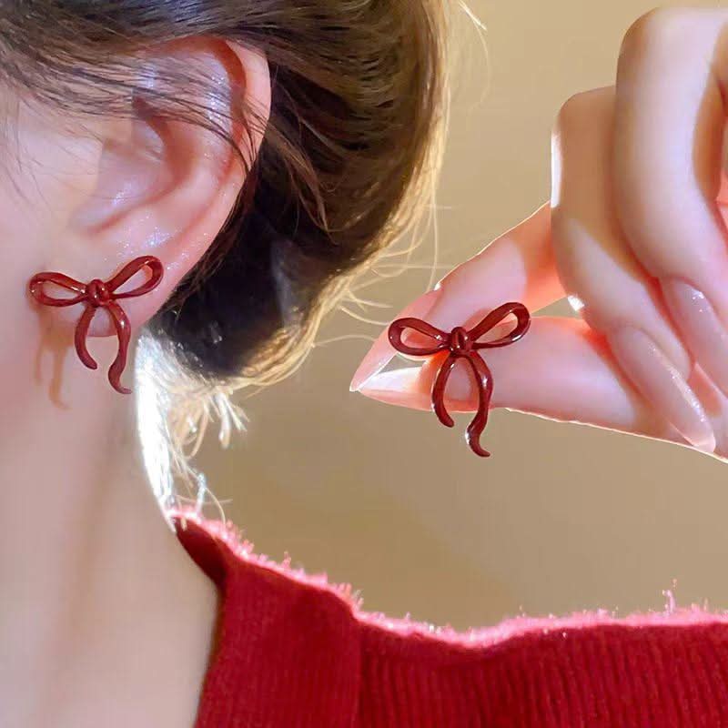 Bowknot heart faux pearl pendant stud earrings