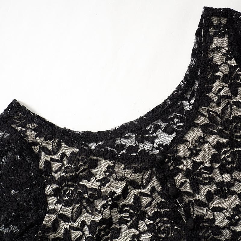 Long flared sleeve lace u neck button backless crop top