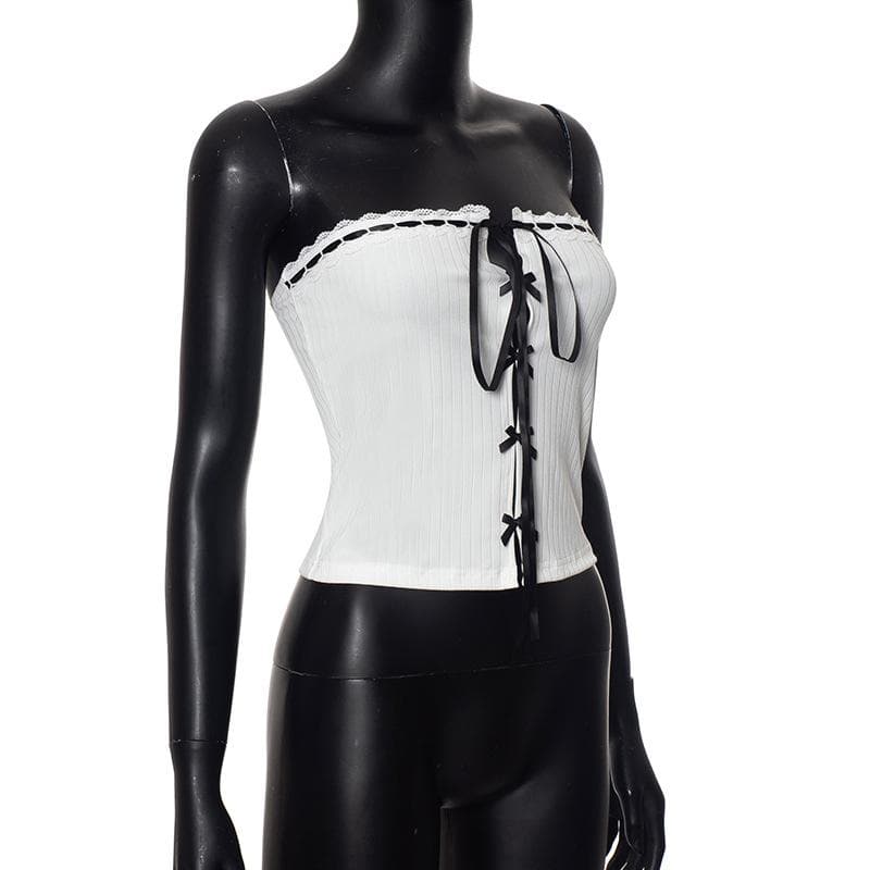 Bowknot ribbon ribbed lace hem backless tube top