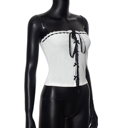 Bowknot ribbon ribbed lace hem backless tube top