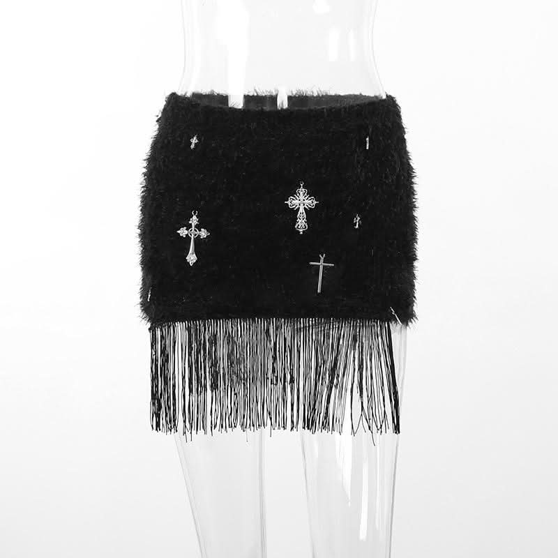 Fluffy cross pendant tassels mini skirt