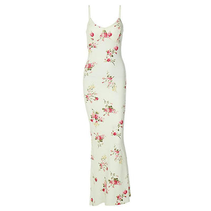 Floral Print Lace Trim V-Neck Spaghetti Strap Bodycon Maxi Dress