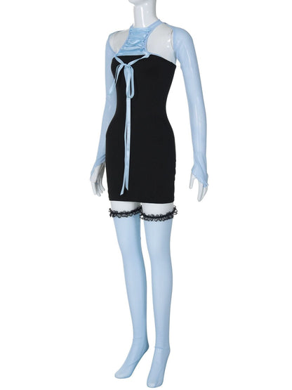 Shrug mesh long sleeve button 3 piece mini dress