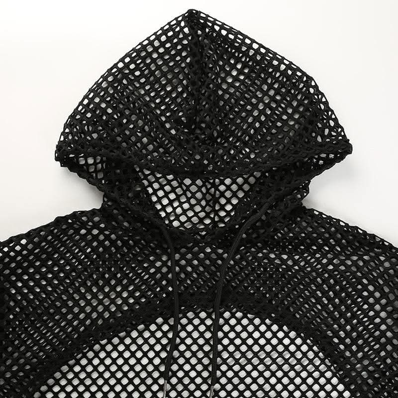 Fishnet hollow out solid long sleeve hoodie shrug cut out top-final-sale