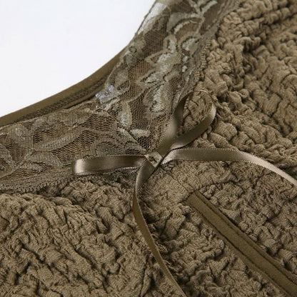 Long sleeve textured bowknot lace hem top