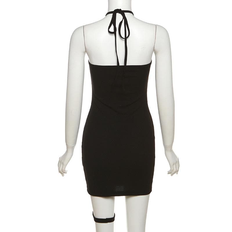 Flower applique halter mesh patchwork backless mini dress