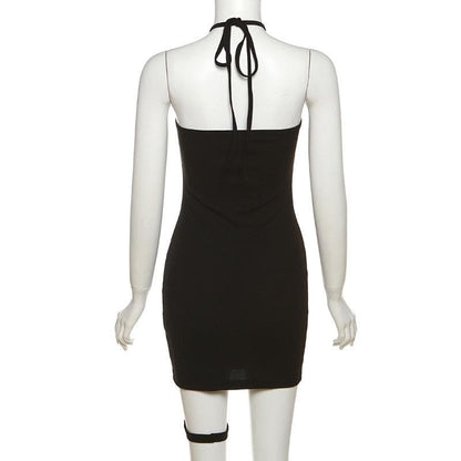 Flower applique halter mesh patchwork backless mini dress