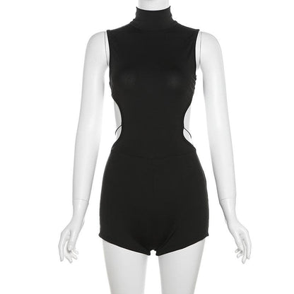 Sleeveless high neck button backless romper