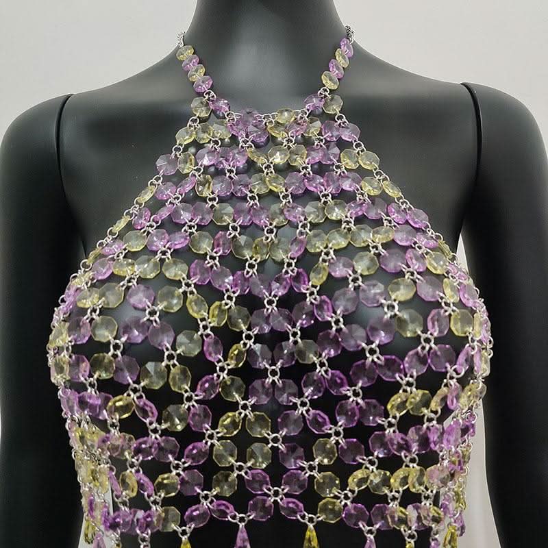Halter hollow out crystal beaded crop cut out top