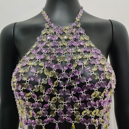 Halter hollow out crystal beaded crop cut out top