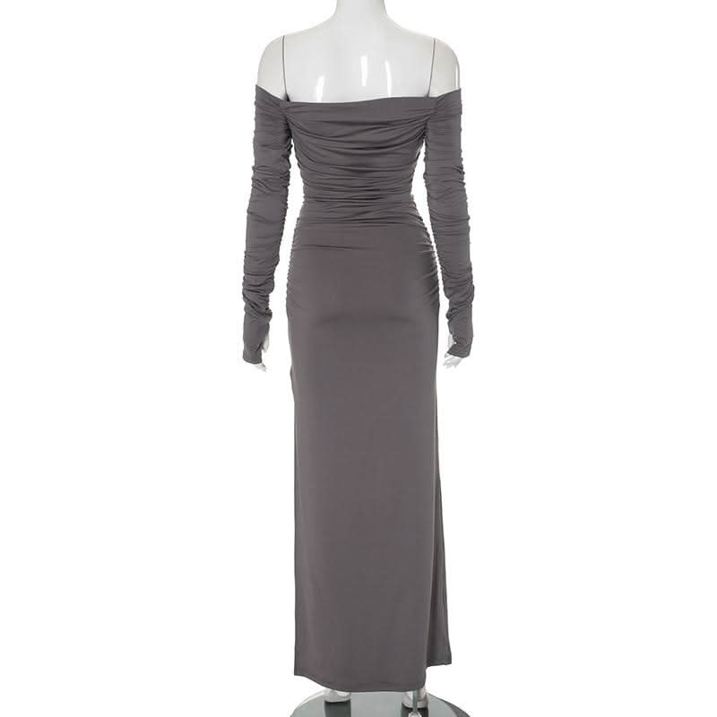 Off shoulder long sleeve slit ruched maxi dress