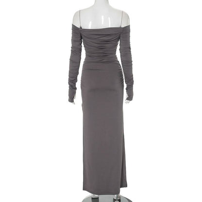 Off shoulder long sleeve slit ruched maxi dress