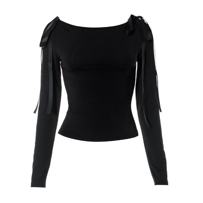 Bowknot solid long sleeve off shoulder 2-way top