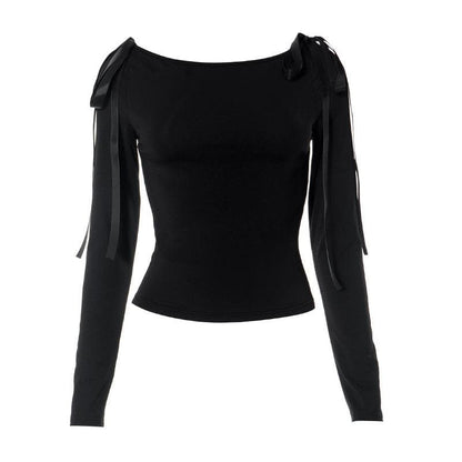 Bowknot solid long sleeve off shoulder 2-way top