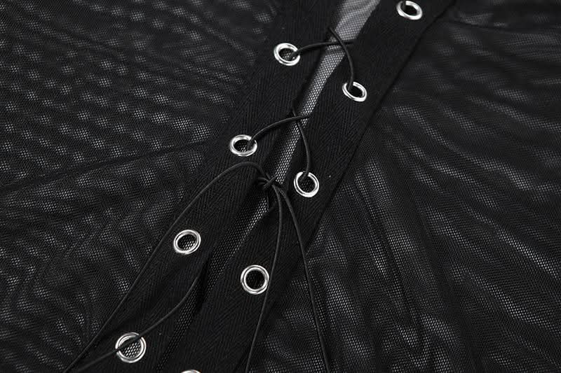Turnover collar long sleeve mesh self tie top
