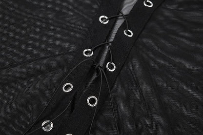 Turnover collar long sleeve mesh self tie top