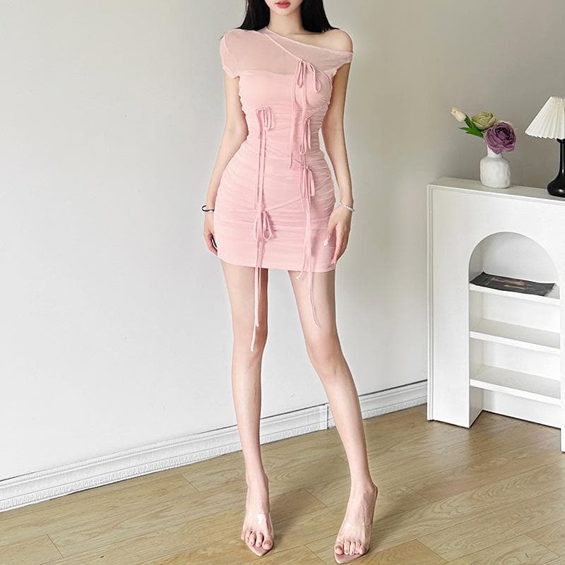 Short sleeve one shoulder mesh ruched patchwork mini dress