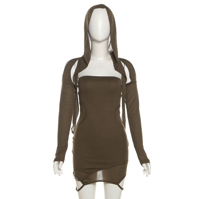 Hoodie long sleeve hollow out shrug mini skirt set