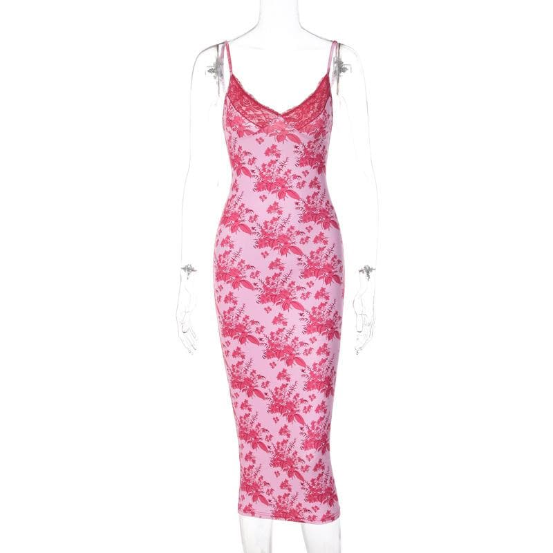 Floral Print Lace Trim Spaghetti Strap V Neck Bodycon Midi Dress