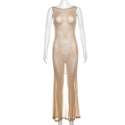 Glitter backless mesh slit maxi dress