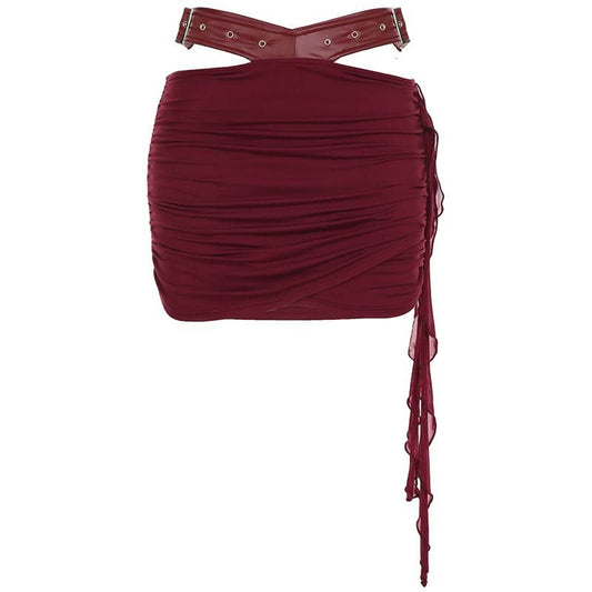 Ruched hollow out PU leather irregular cut out mini skirt