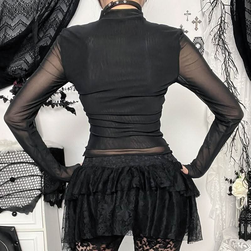 Crewneck long sleeve mesh cross pattern top