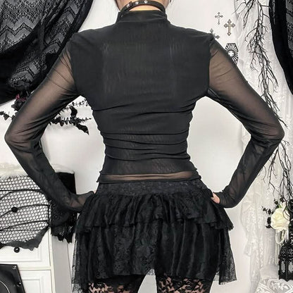 Crewneck long sleeve mesh cross pattern top