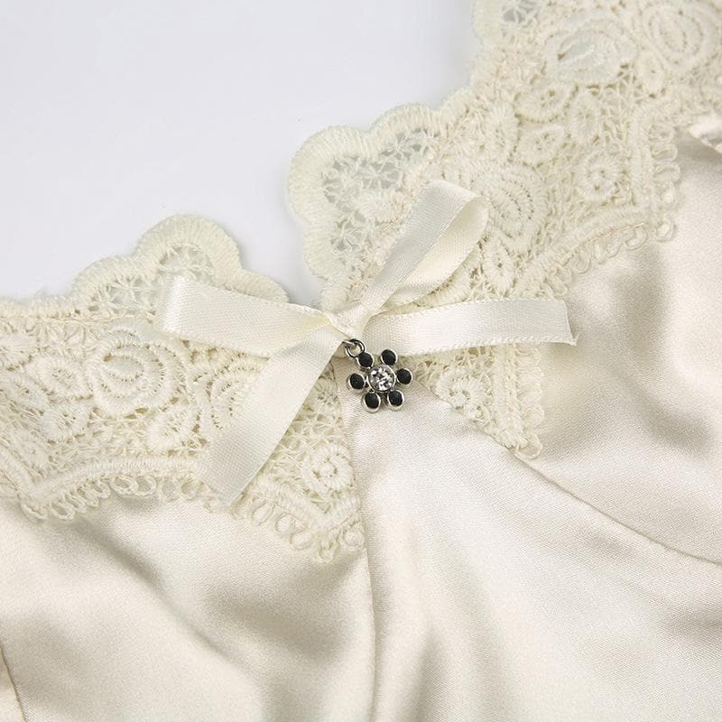 Satin lace hem stitch bustier bowknot solid cami top