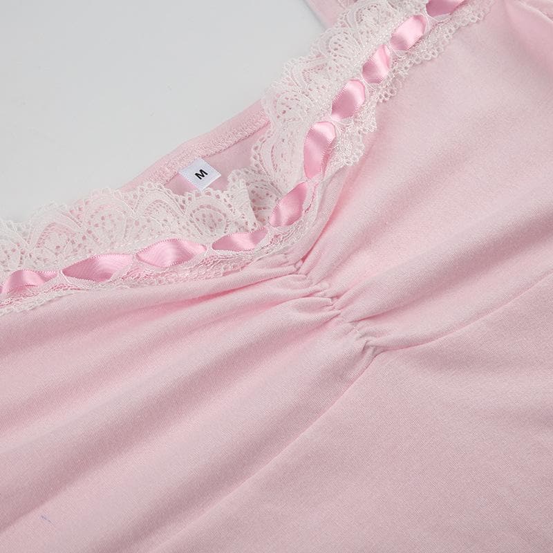 Lace hem ruched ribbon 2-way cami top