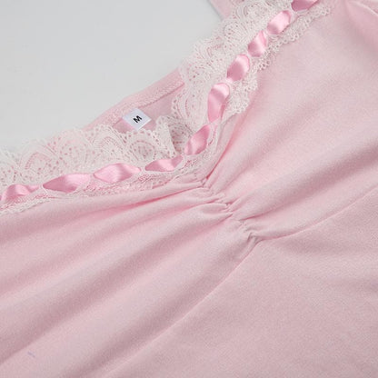 Lace hem ruched ribbon 2-way cami top