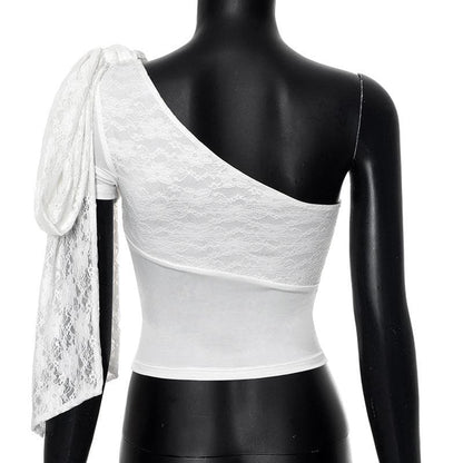 One shoulder lace knotted crop top
