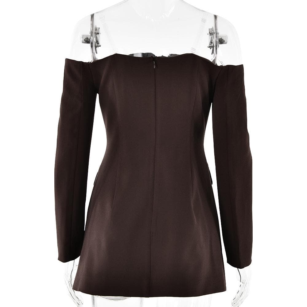 Long sleeve off shoulder button pocket mini dress