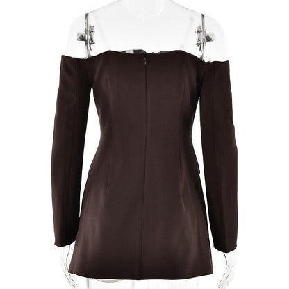 Long sleeve off shoulder button pocket mini dress