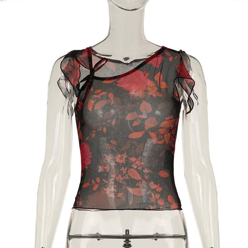 Irregular sheer mesh print ruffle top