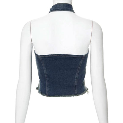 Halter zip-up slit denim buckle raw hem top