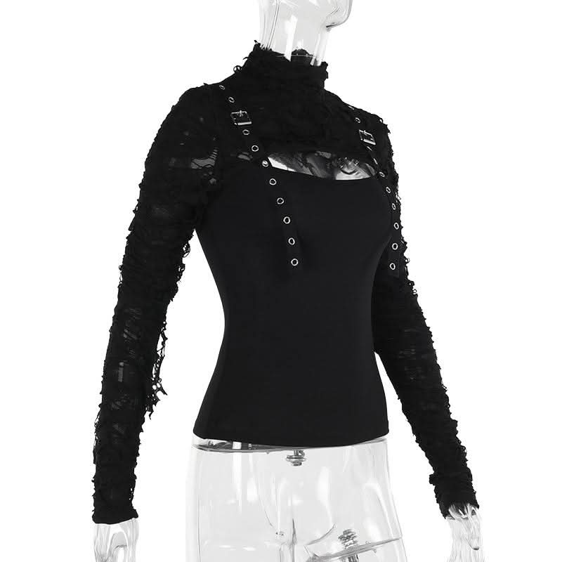 Long sleeve high neck hollow out buckle cut out top