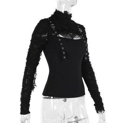 Long sleeve high neck hollow out buckle cut out top