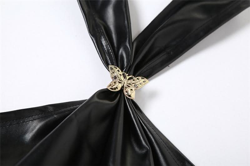 Halter PU leather button butterfly applique top