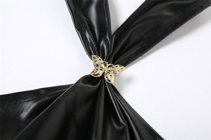 Halter PU leather button butterfly applique top