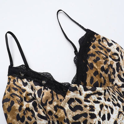 Lace hem v neck leopard print cami midi dress