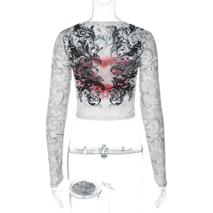 Abstract contrast long sleeve round neck crop top-final-sale
