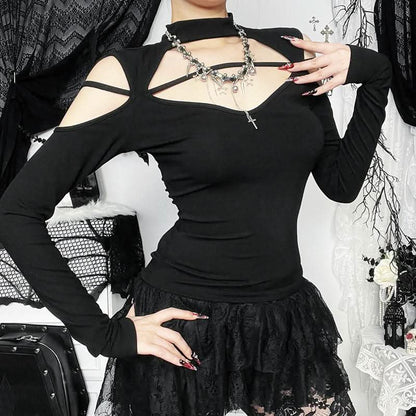 High neck long sleeve hollow out cross metal cut out top