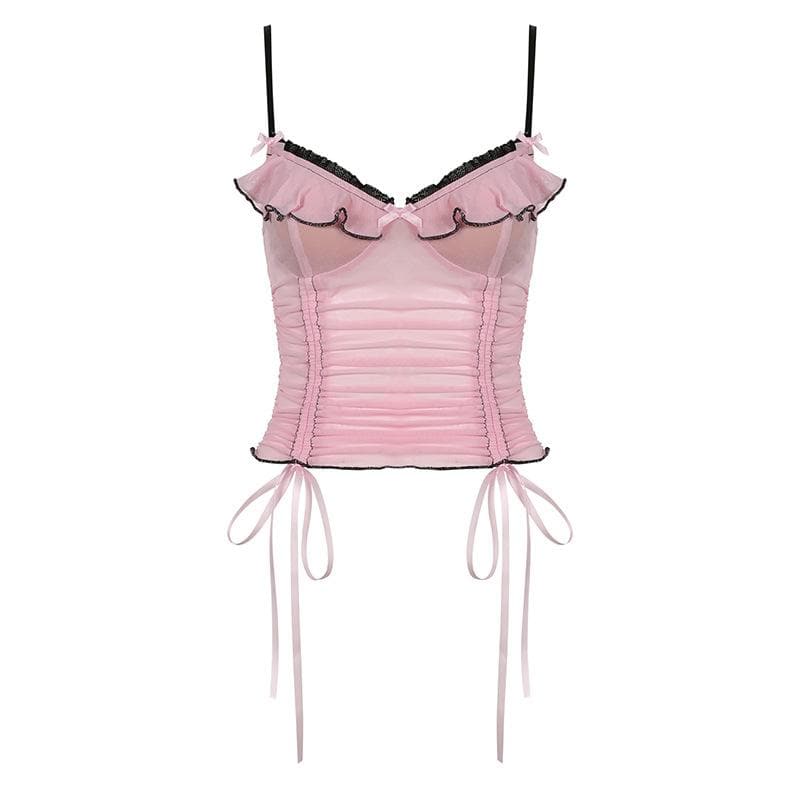 Sheer mesh ruffle drawstring cami top