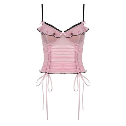 Sheer mesh ruffle drawstring cami top