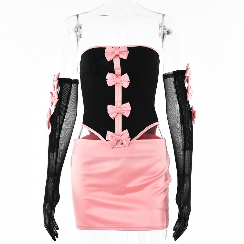 Mesh contrast bowknot gloves lace up tube backless mini skirt set-final-sale