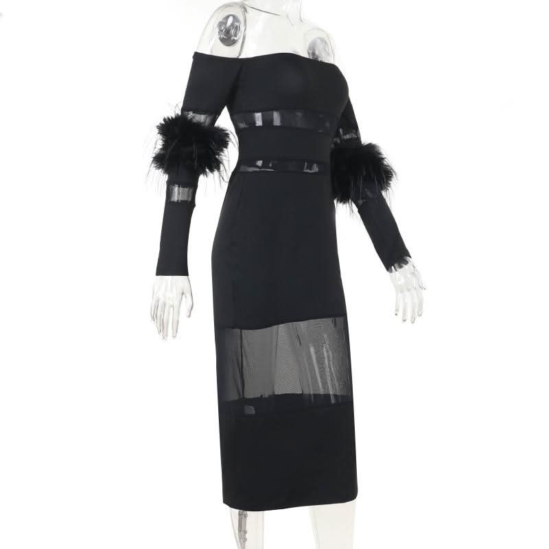 Off shoulder long sleeve fluffy mesh patchwork mini dress