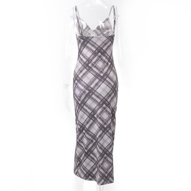 Spaghetti Strap V Neck Tie Front Plaid Print Bodycon Maxi Dress